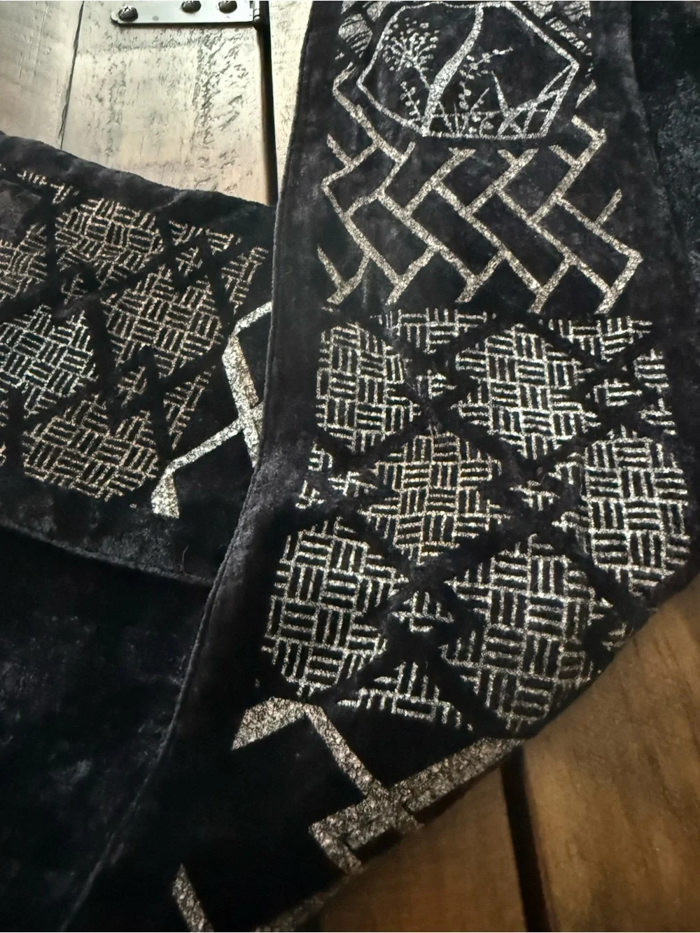 Venetia Stvdivm Black Velvet Scarf with Silver and Gold Geometric Design